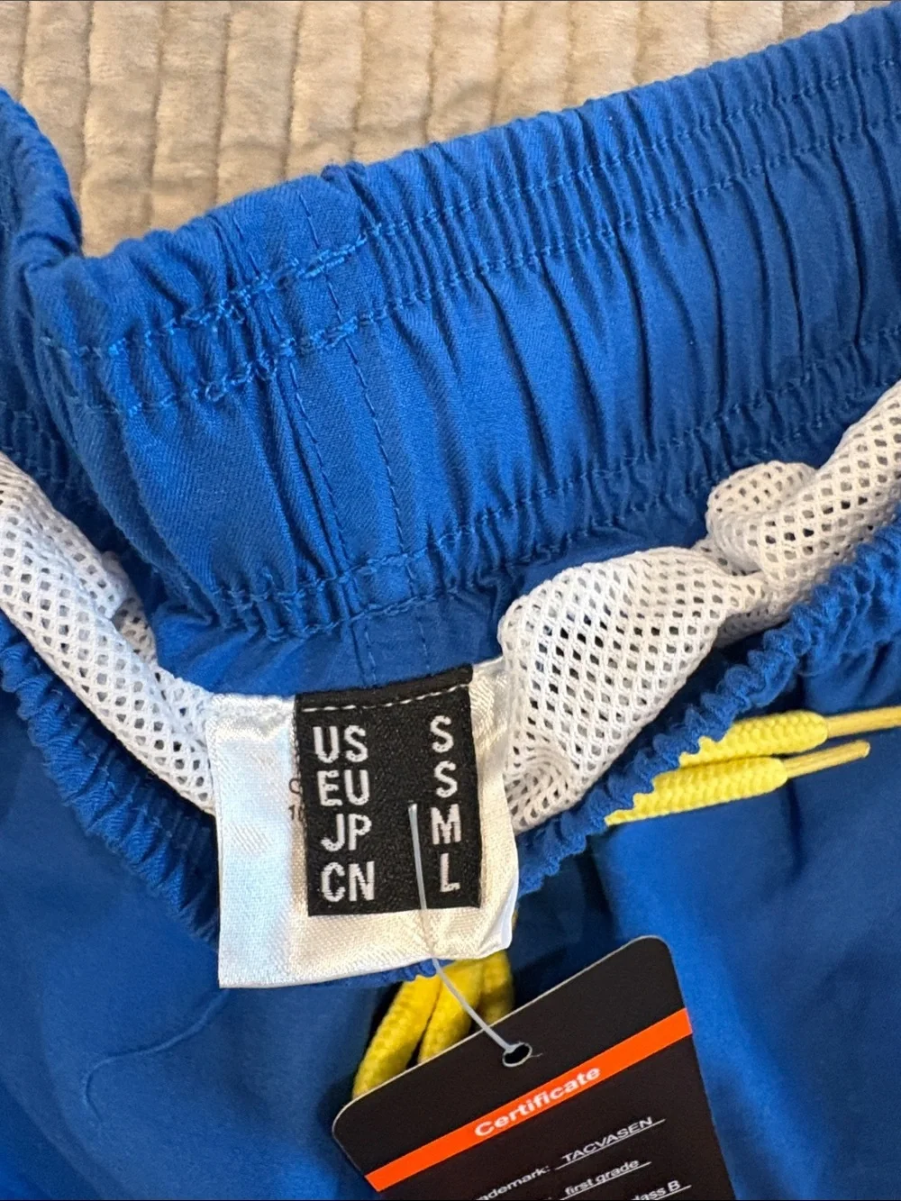 Men's Blue Swim Trunks with Yellow Drawstring